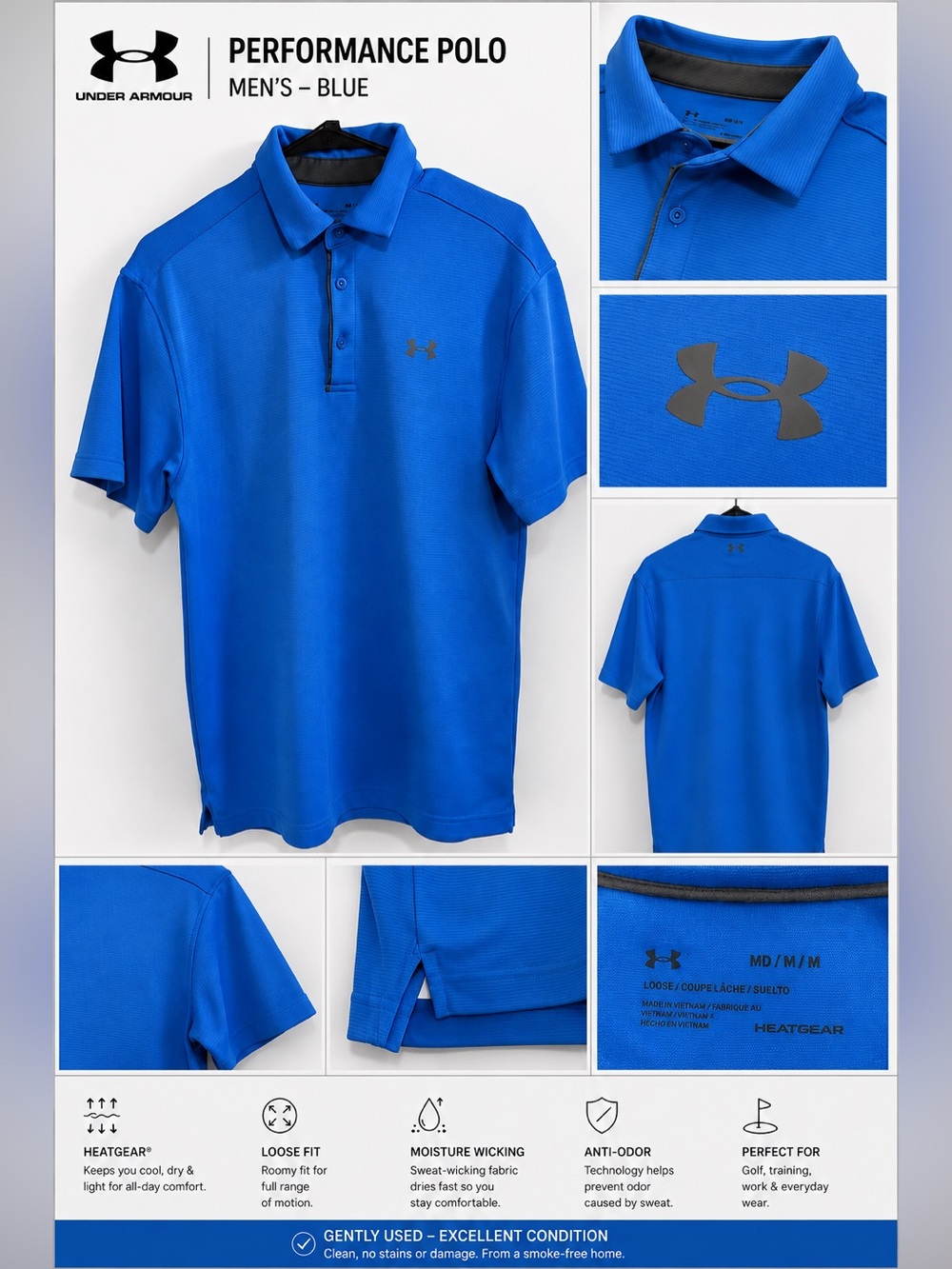 Under Armour Men’s Medium Bright Blue Performance Polo. Runs large